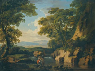 Eine bergige bewaldete Landschaft mit Figuren an einem Fluss im Vordergrund
